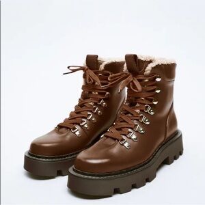 Zara pure leather Chocolate Lace-Up Boots with Shearling